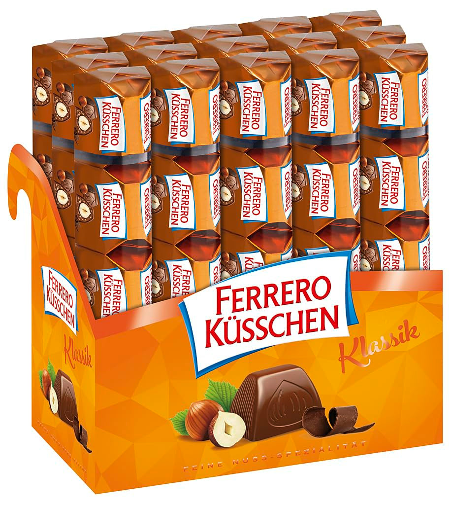 Ferrero Küsschen White Crispy - Valentinsdagsgave til ham og hende - Sprøde ristede hasselnødder i let creme med sprøde chips, dækket af hvid chokolade, 1 pakke med 20 individuelle praliner