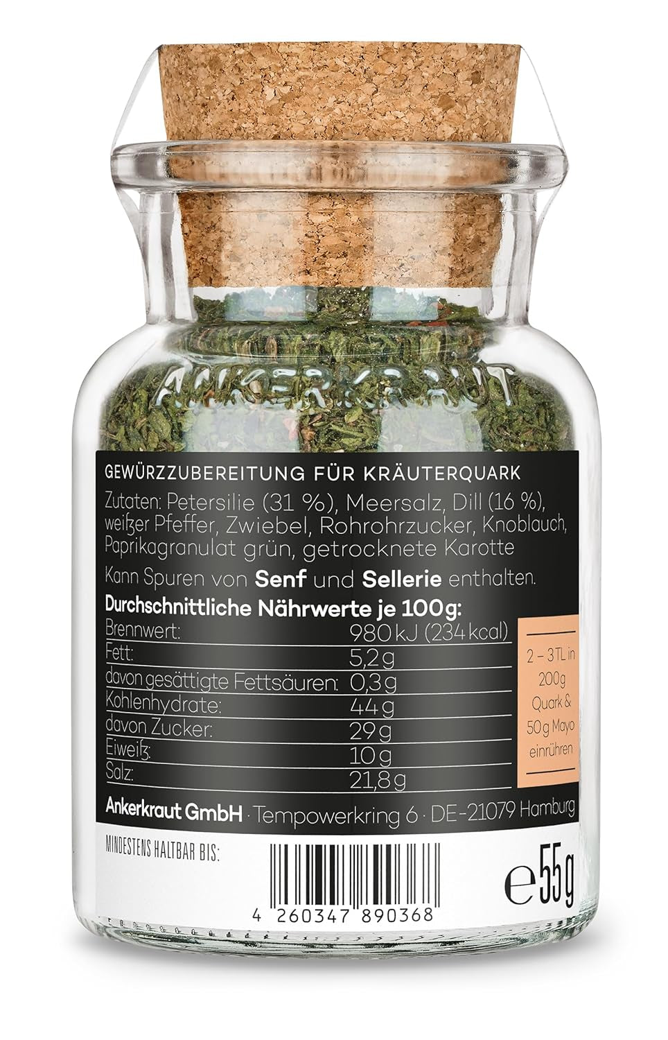 Ankerkraut Kräuterquark Dip, Gewürzmischung für Quark, Ohne Geschmackverstärker, Premium Qualität, Alternative Joghurt og Soja-Quark, Aufstrich selber machen, 55 g i korkglas