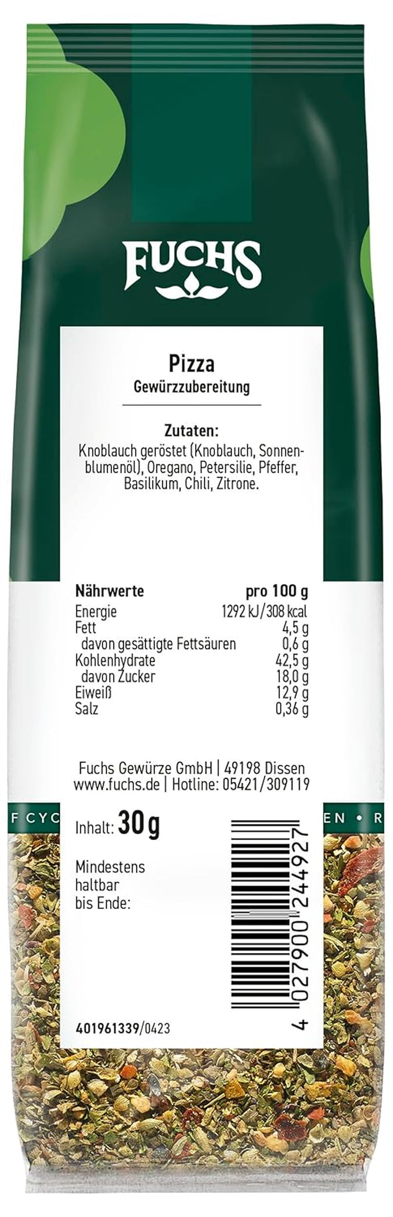 Fuchs Gewürze - Pizza Gewürzzubereitung i genanvendelig Nachfüllbeutel, Gewürzmischung mit Italianen Kräutern, ideel til Bruschetta - 30 g
