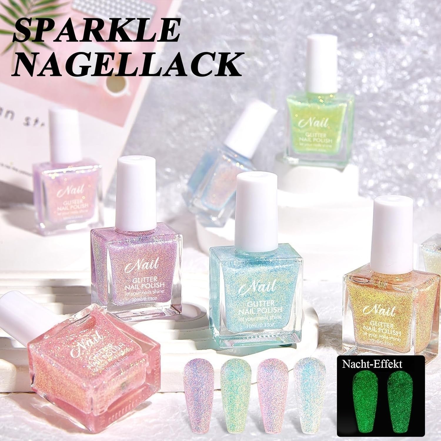 Pink glitter neglelak - Ikke-giftig, vandbaseret neglelak til kvinder - Hurtigtørrende neglelak - Reflekterende glitter neglelak til gør-det-selv-neglekunst derhjemme (Transparent Pink, 10ml)