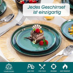 Set de veselă pentru 6 persoane, set de veselă din gresie Vancasso PLAYA, 24 de piese pentru 6 persoane, verde, inclusiv farfurii, farfurii de sumă, boluri și farfurii de salată, potrivit pentru mașina de spălat vase și cuptorul cu microunde