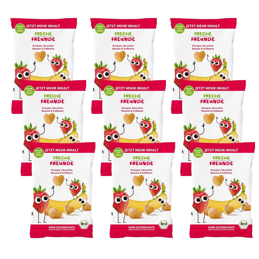 100 % Jordbær økologiske frugtchips frysetørrede jordbærchips Pakke med 12 (12 x 12 g) og sprøde hjerter Banan & Jordbær økologisk børne- og babysnack (9 x 30 g) 270 g