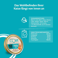 Wellness CORE 98% 12 x 85g, Pui și Somon – Hrană umedă pentru pisici, pate gros, fără cereale, naturală, hipoalergenică, bogată în proteine, conținut ridicat de carne