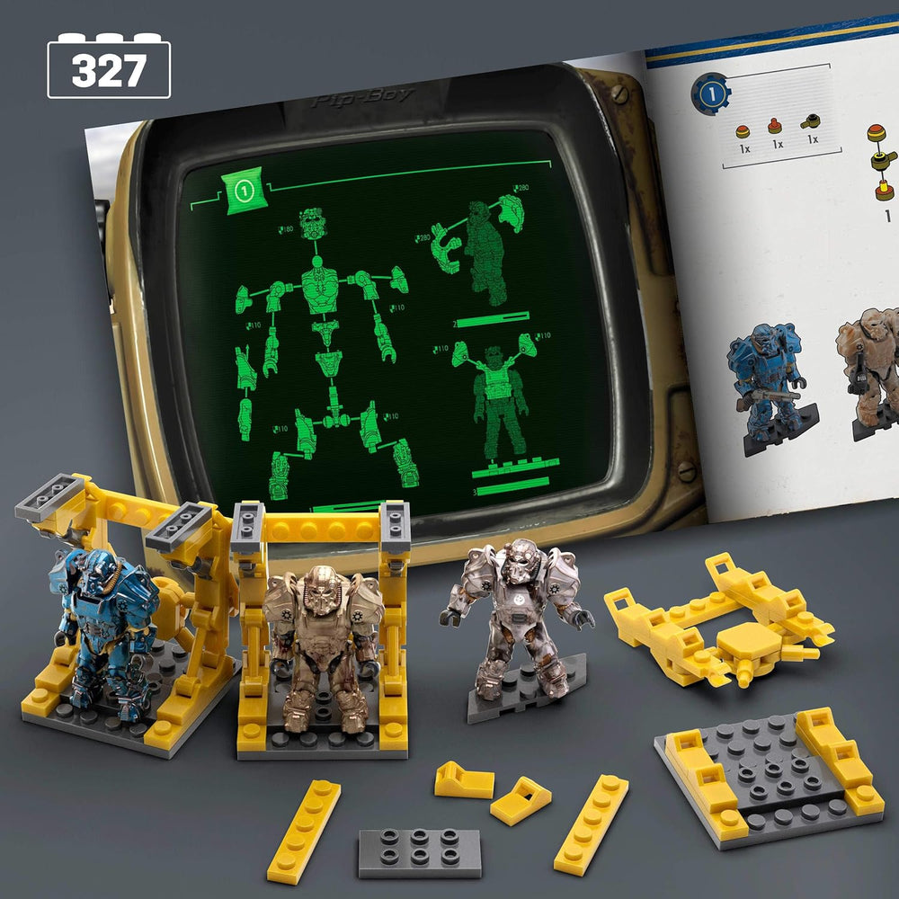 MEGA Fallout Action Figure Bauspielzeug, T-60 Power Armour Collection med 327 stk., 5 Mikro-Action-figurer og tilbehør, for Sammler