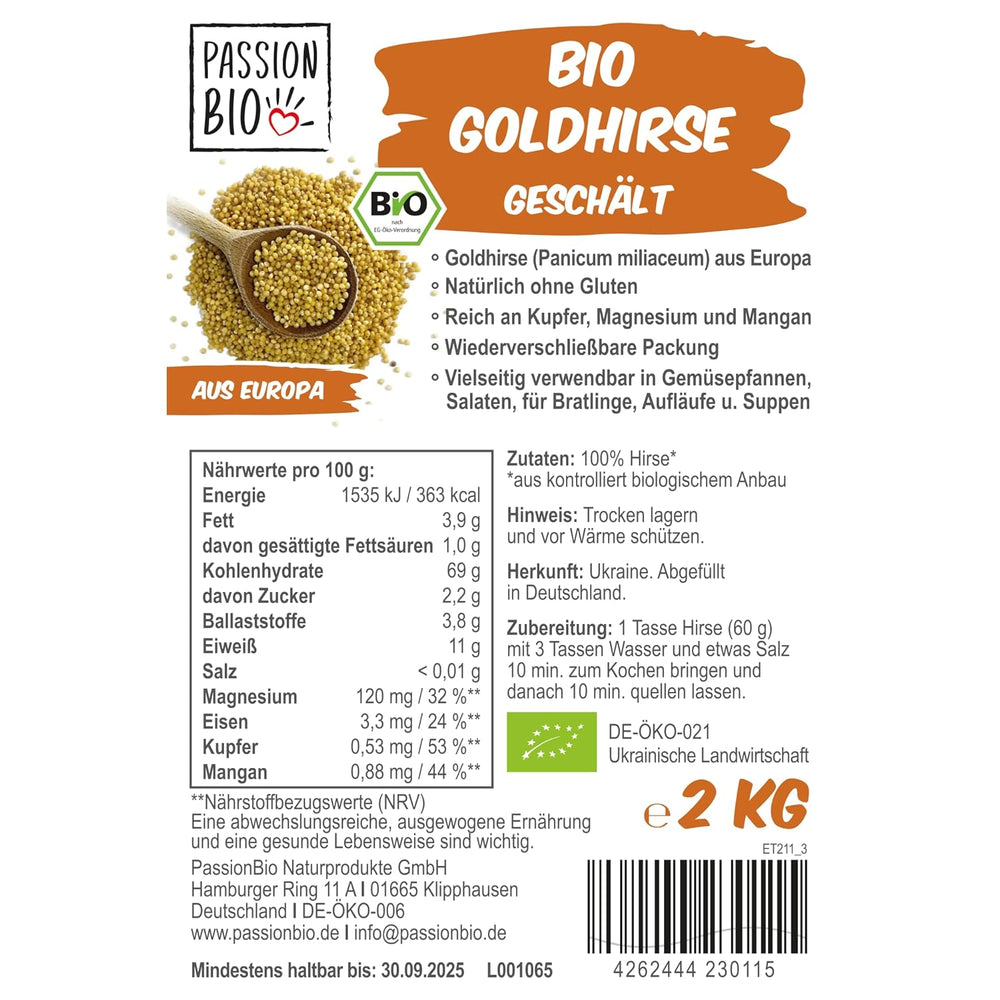 PassionBio økologisk gylden hirse 2 KG - genlukkelig emballage