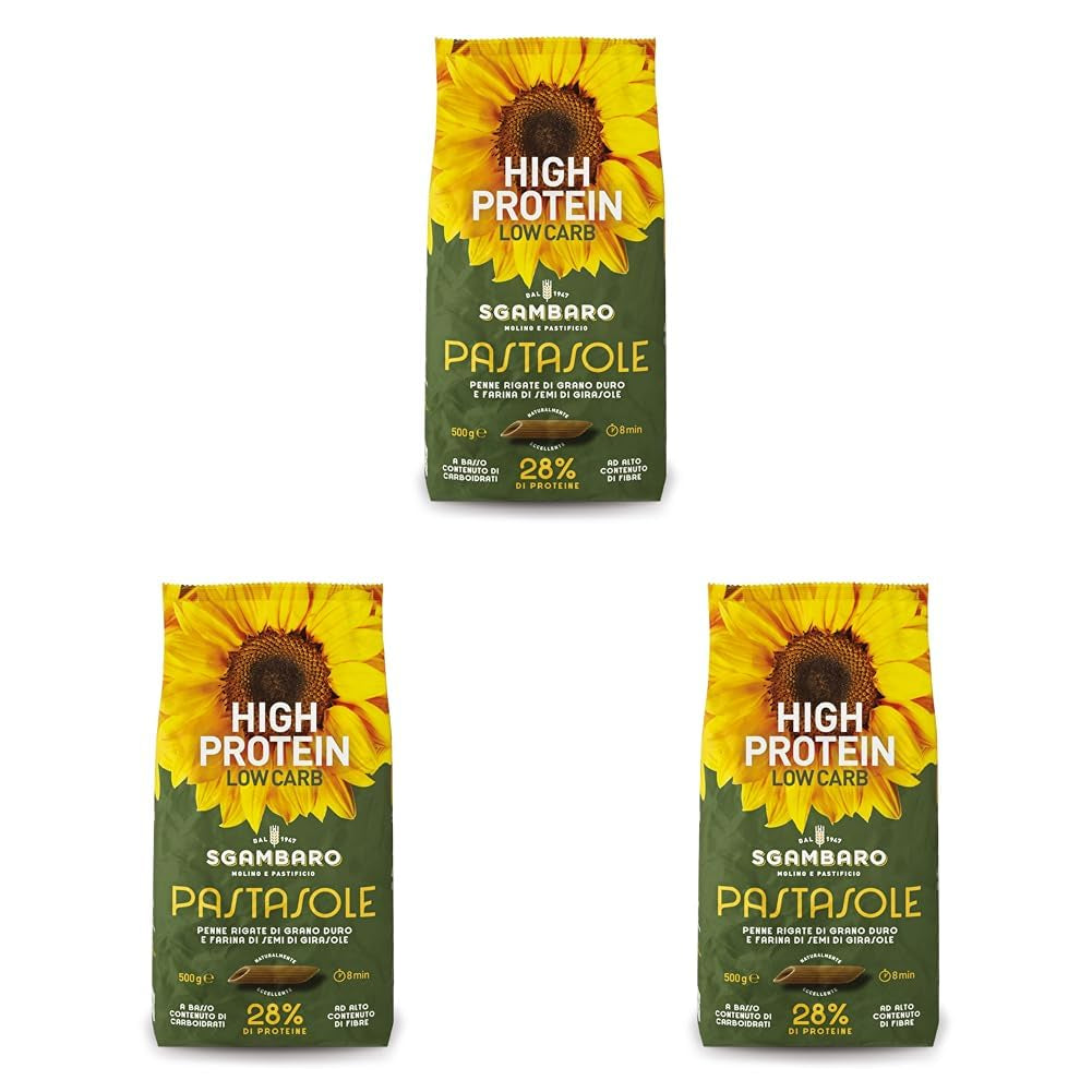 PASTASOLE, Penne Rigate med 100% italiensk dyrket durumhvede semulje og solsikkefrømel - 500 g - Højt indhold af protein, lavt indhold af kulhydrater, højt indhold af fibre (pakke med 3)