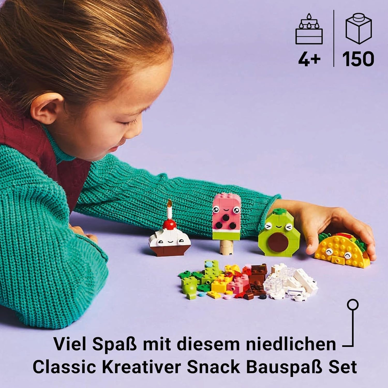 LEGO Classic Creative Snack Bauspaß, Spielzeug mit Essen for fantasievolle Rolenspiele, Bauset für Jungen und Mädchen ab 4 Jahren, Cupcake, Avocado, EIS am Stiel og Taco 11039