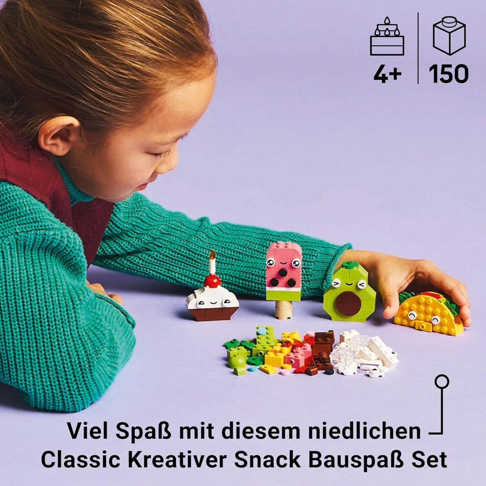 LEGO Classic Creative Snack Bauspaß, Spielzeug mit Essen for fantasievolle Rolenspiele, Bauset für Jungen und Mädchen ab 4 Jahren, Cupcake, Avocado, EIS am Stiel og Taco 11039