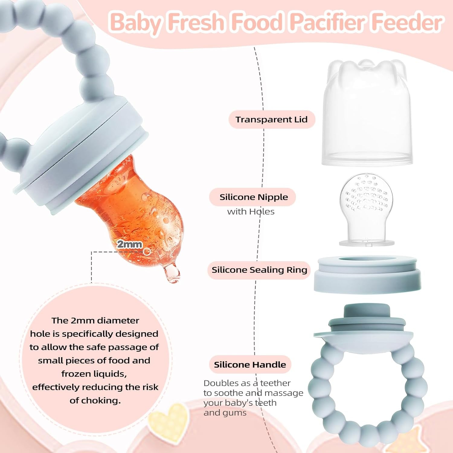 Hrănitor cu lapte matern pentru bebeluși, alimentator cu fructe, conține 2 hrănitoare cu fructe din silicon, depozitare a hranei pentru bebeluși, jucărie pentru bebeluși care erupe dentiția, 5 tetine din silicon în 3 dimensiuni, fără BPA (albastru și roz)