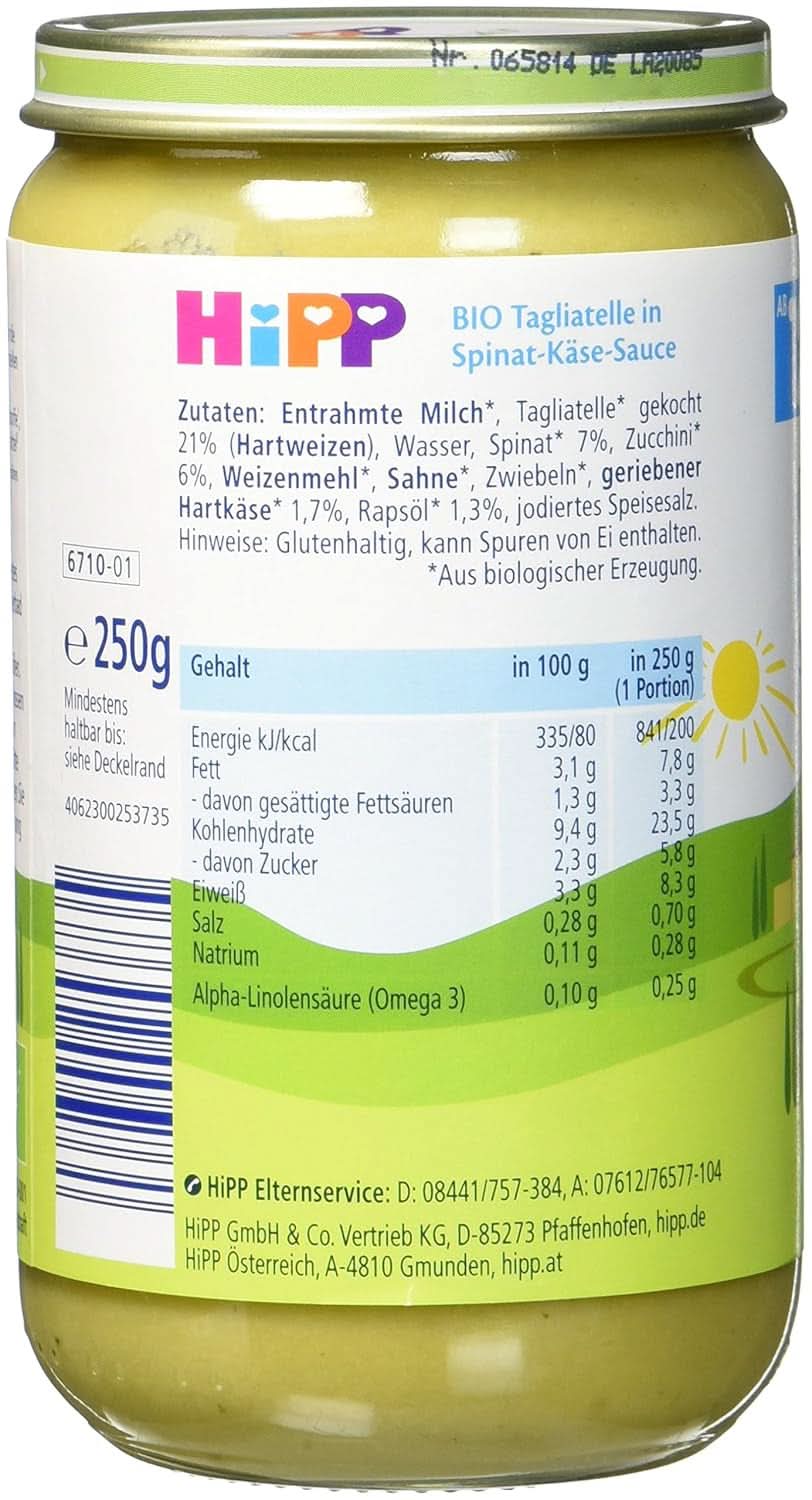 Hipp Pasta Bambini - Tagliatelle în sos de spanac și brânză, pachet de 6 (6 X 250 grame) Mama si Copilul Naty Shop