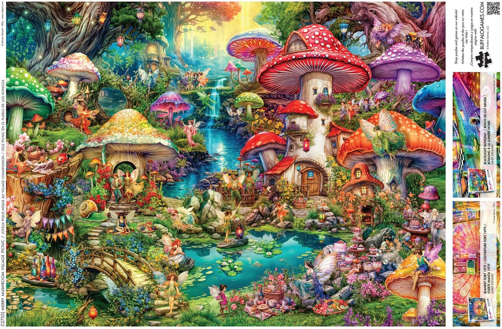 Buffalo Games - Aimee Stewart - Merry Mushroom Village Picnic - 1000 brikker for voksne, udfordrende puslespil, perfekt til spilaftener - færdiglavet størrelse 26,75 X 19,75 cm Puslespil Naty Shop