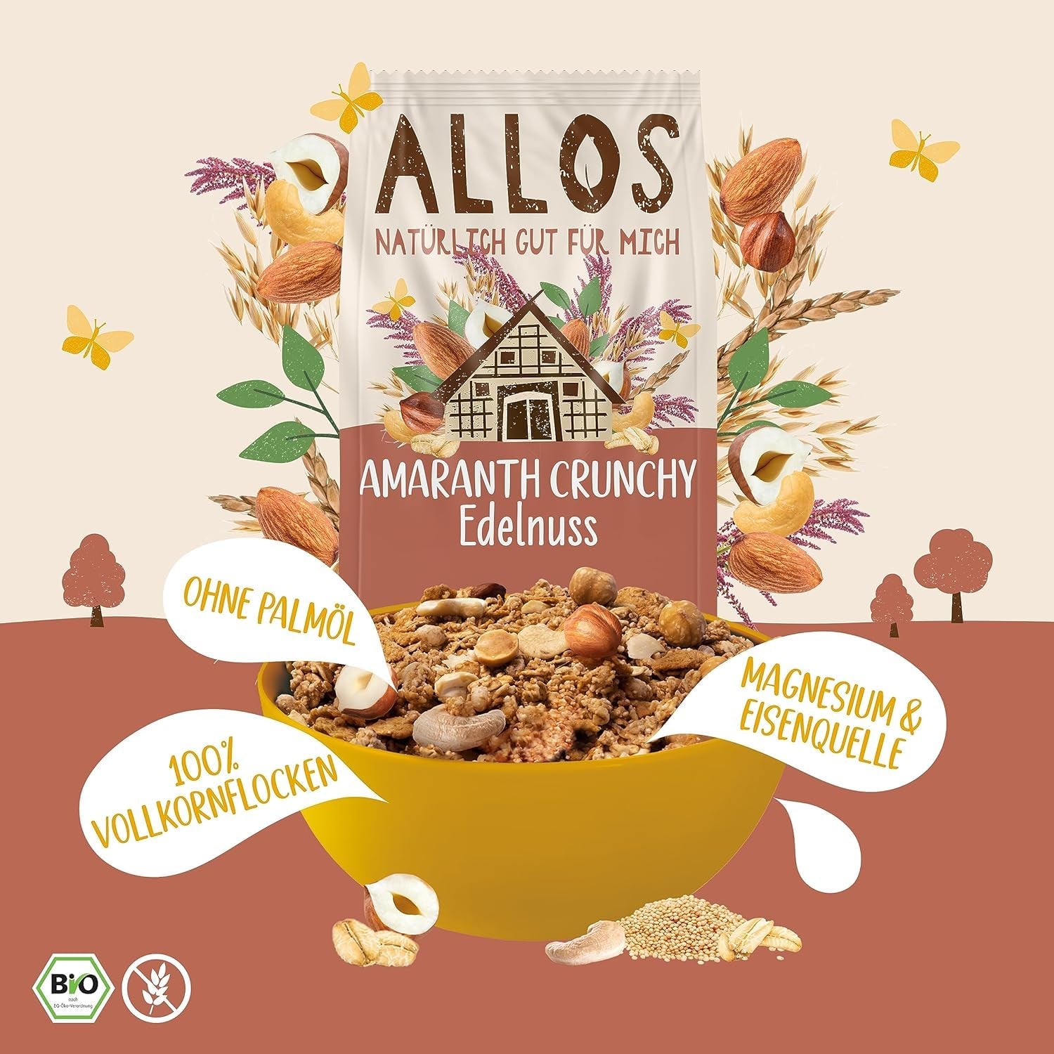 Premium crunchy müsli med valnødder og amaranth Allos | Økologisk müsli | Müsli med nødder | Havregryn | Korn til morgenmad | Vegansk | Pakke med 6 (6 x 400 g)