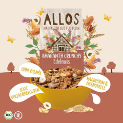 Premium crunchy müsli med valnødder og amaranth Allos | Økologisk müsli | Müsli med nødder | Havregryn | Korn til morgenmad | Vegansk | Pakke med 6 (6 x 400 g)