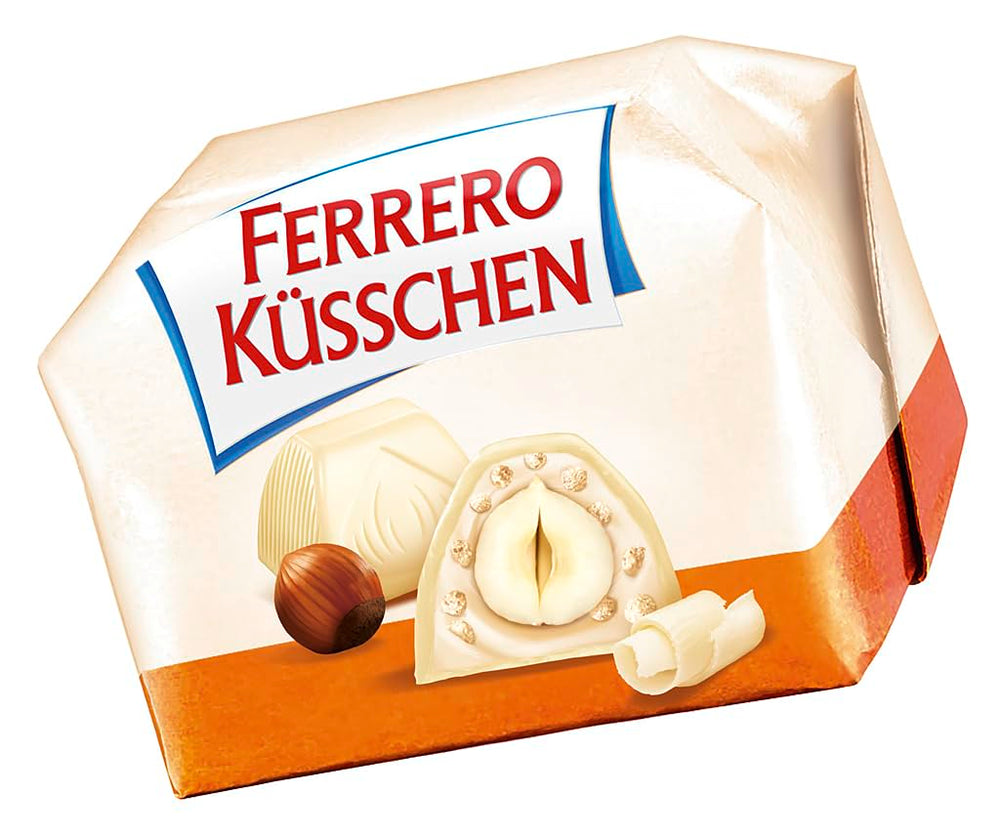 Ferrero Küsschen White Crispy - Valentinsdagsgave til ham og hende - Sprøde ristede hasselnødder i let creme med sprøde chips, dækket af hvid chokolade, 1 pakke med 20 individuelle praliner