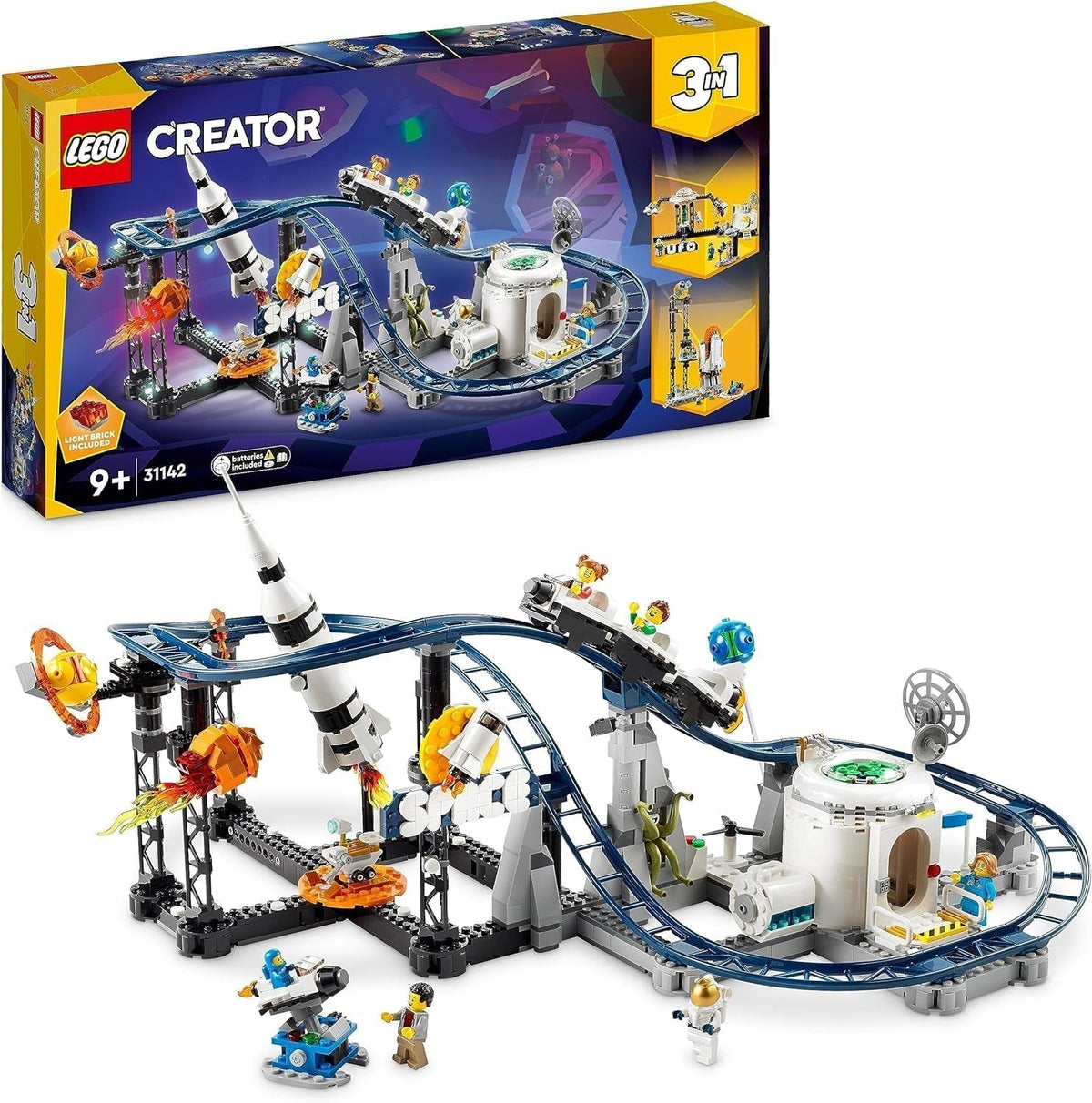 LEGO 31142 Creator 3-i-1 Space Rollercoaster Legetøjssæt til småbørn med funktionelle vogne, konverteres til fritfaldstårn eller karrusel med raketter og glødende klodser Byggesæt Besuche den LEGO-Store Single