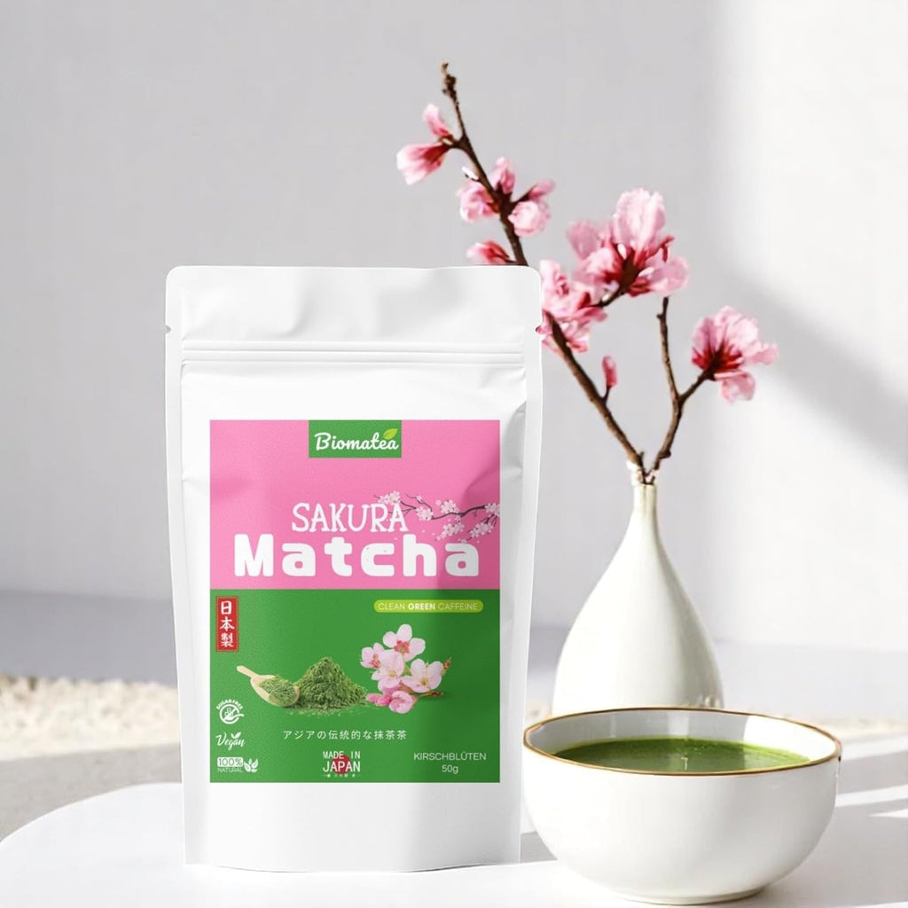 Ceai Sakura Matcha 50 g – de calitate ceremonială din Japonia – ceai verde premium cu pudră de flori de sakura – prima recoltă, măcinat cu piatră, vegan, fără aditivi