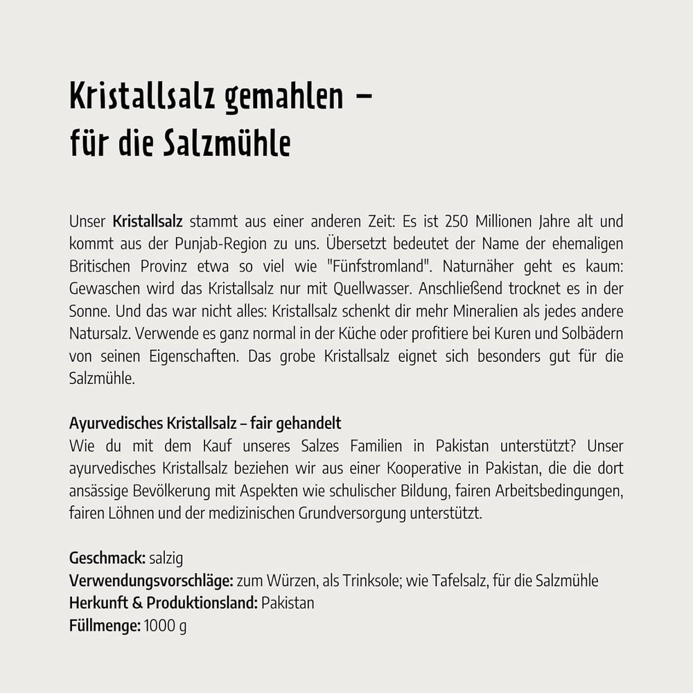 Govinda Kristallsalz - groft (1 kg) | 250 Millionen Jahre alt | Salz aus der Punjab-regionen | 100% naturlig skønhed & ohne Zusätze | Ayurvedisk | Vegansk | Ideel til saltmøllen