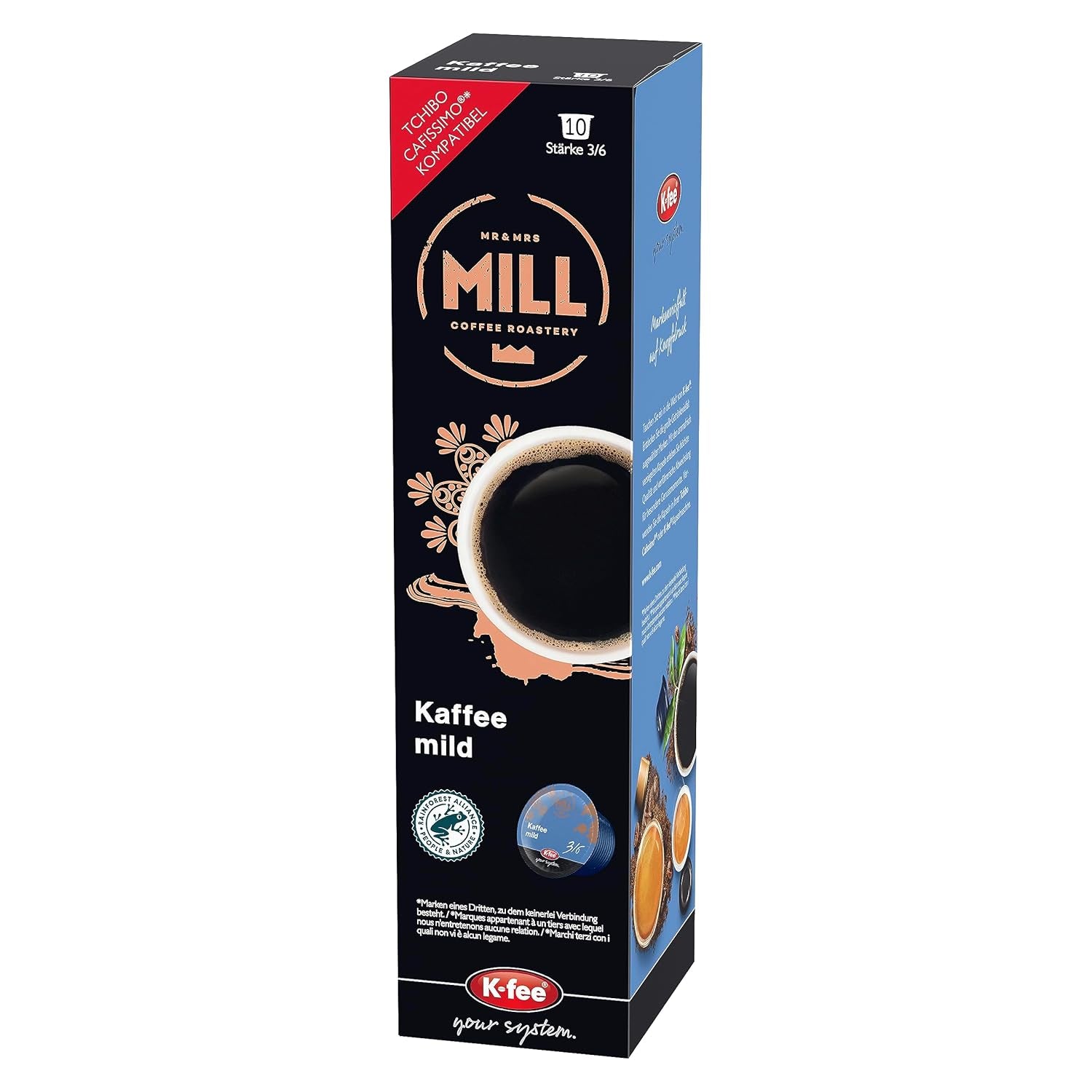 Mr & Mrs Mill Kaffee mild Filterkaffee, kompatibel mit K-fee & Tchibo Cafissimo*, Stärke 3/6, 120 Kaffeekapseln