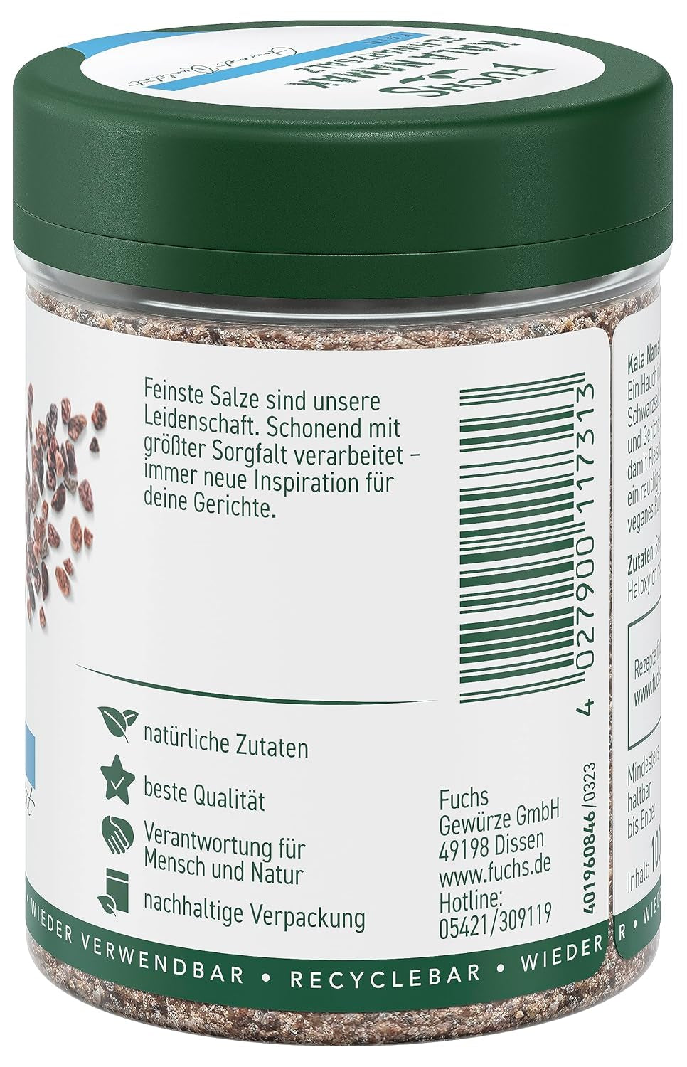 Fuchs Gewürze - Kala Namak - Schwarzsalz - Gewürzsalz für veganes Rührei - naturlige ingredienser - 100 g i wiederverwendbarer, genbrugsbarer Dosis
