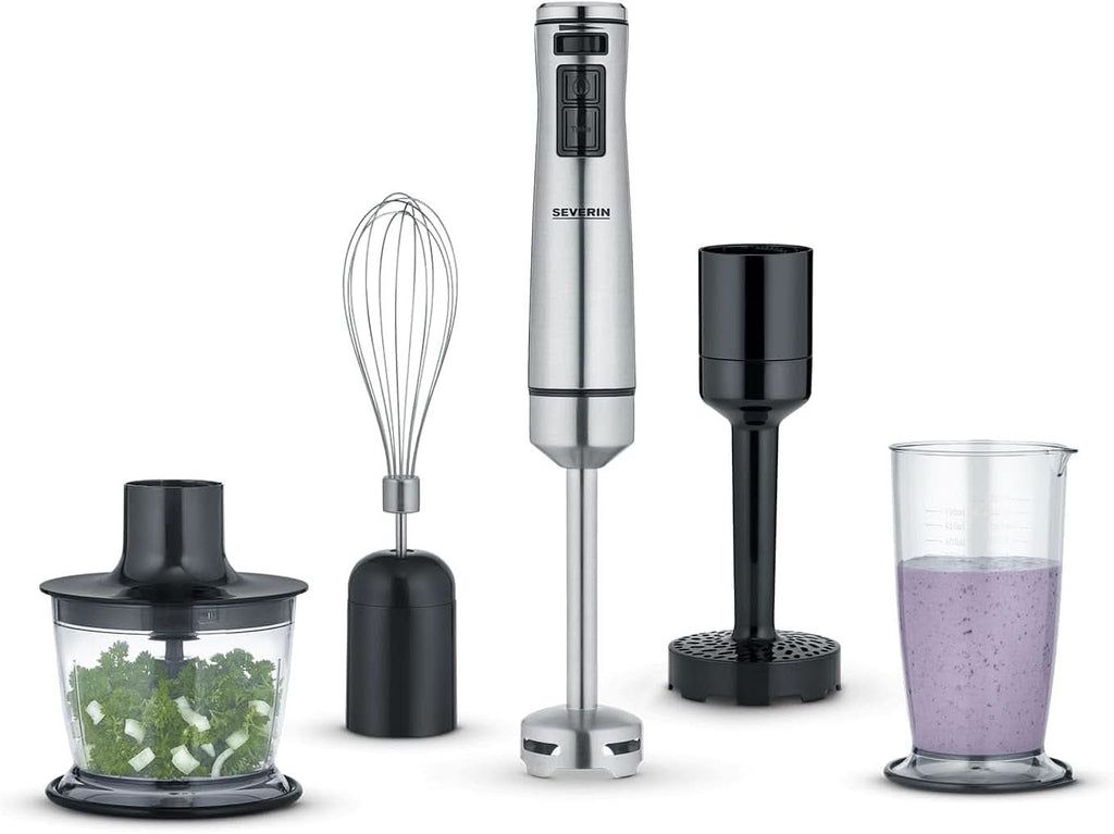 SEVERIN Kabelloser Stabmixer Mit Premium-Set, Abnehmbarer Mixstab, Mit Pürierstab, Multizerkleinerer, Mixbehälter, Kartoffelstampfer & Schneebesen, Schwarz/Edelstahl-Gebürstet, SM 3775 Mama si Copilul Naty Shop 1.000 W Inkl. Premium-Zubehör