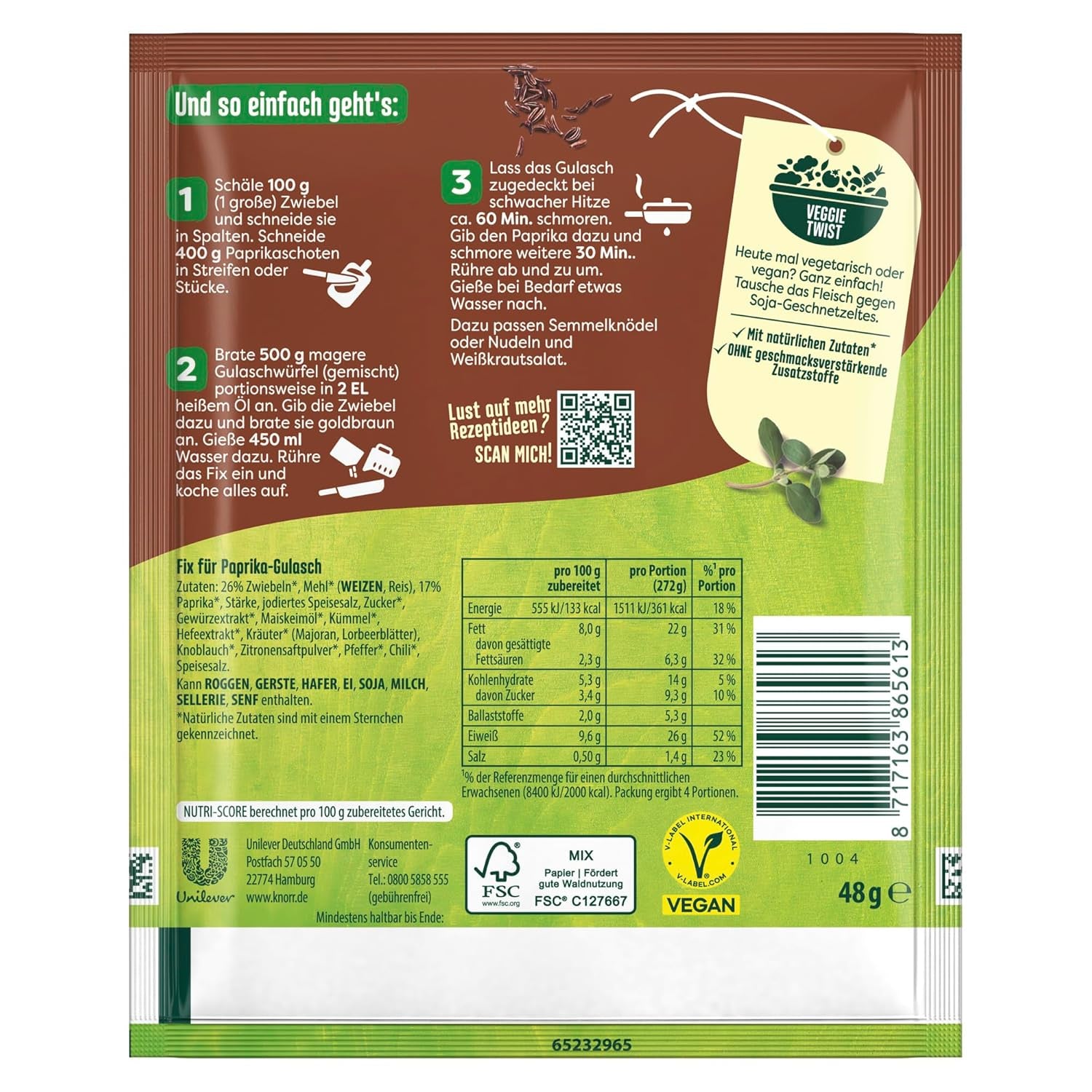 Knorr Fix Würzmischung Paprika-Gulash für ene leckeres Fleischgericht mit natürliche Ingredienten 4 Portionen