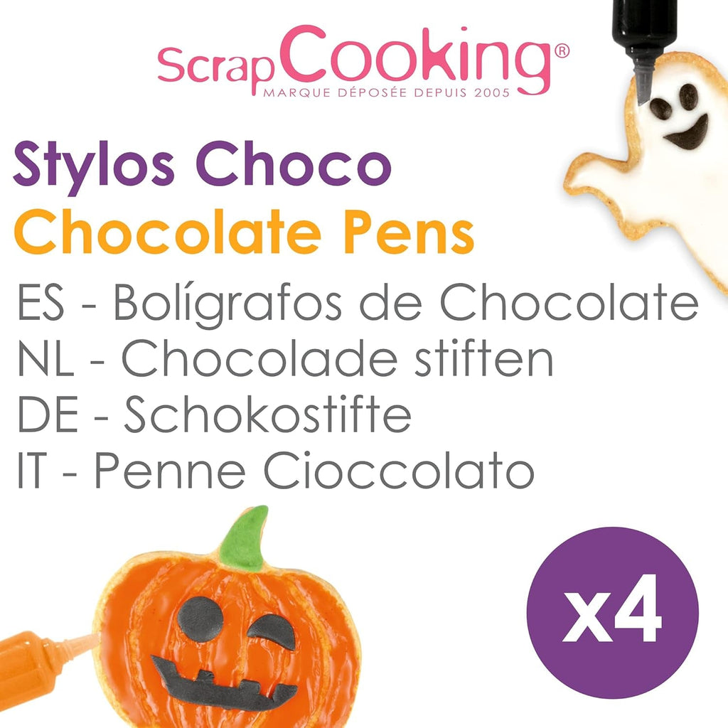 Scrapcooking - Set de 4 creioane colorate de ciocolată pentru Halloween - Negru, portocaliu, violet și alb - Colorant comestibil - Colorant alimentar pentru scris - Scrie și desenează pe deserturi, prăjituri și fursecuri - 7064
