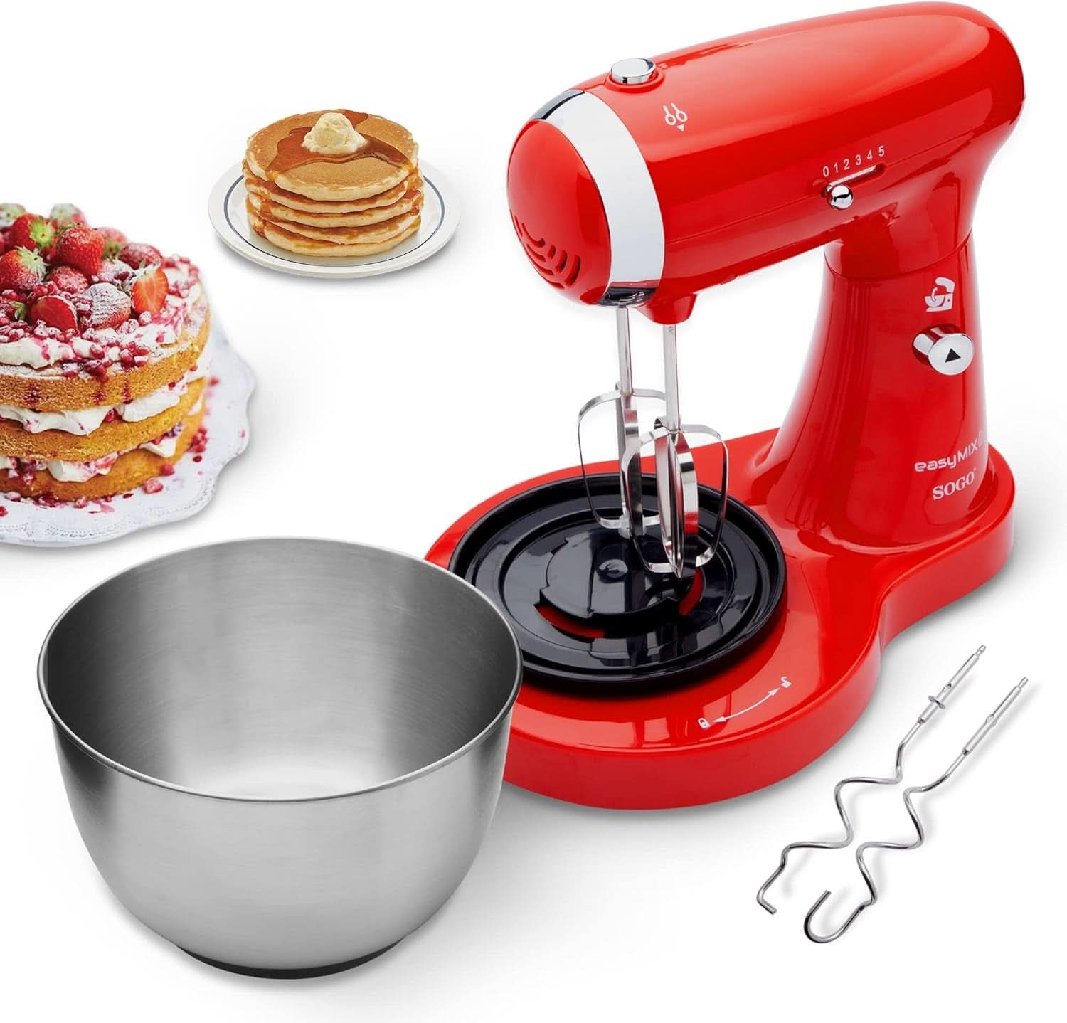 SS-14506 Küchenmaschine, Mixer Und Mixer 3-I-1 Mit Drehschüssel, Stäbchen Und Haken Zum Kneten Aus Edelstahl, 5 Geschwindigkeiten, 3,2 Liter (Rot) Mother and Child Naty Shop