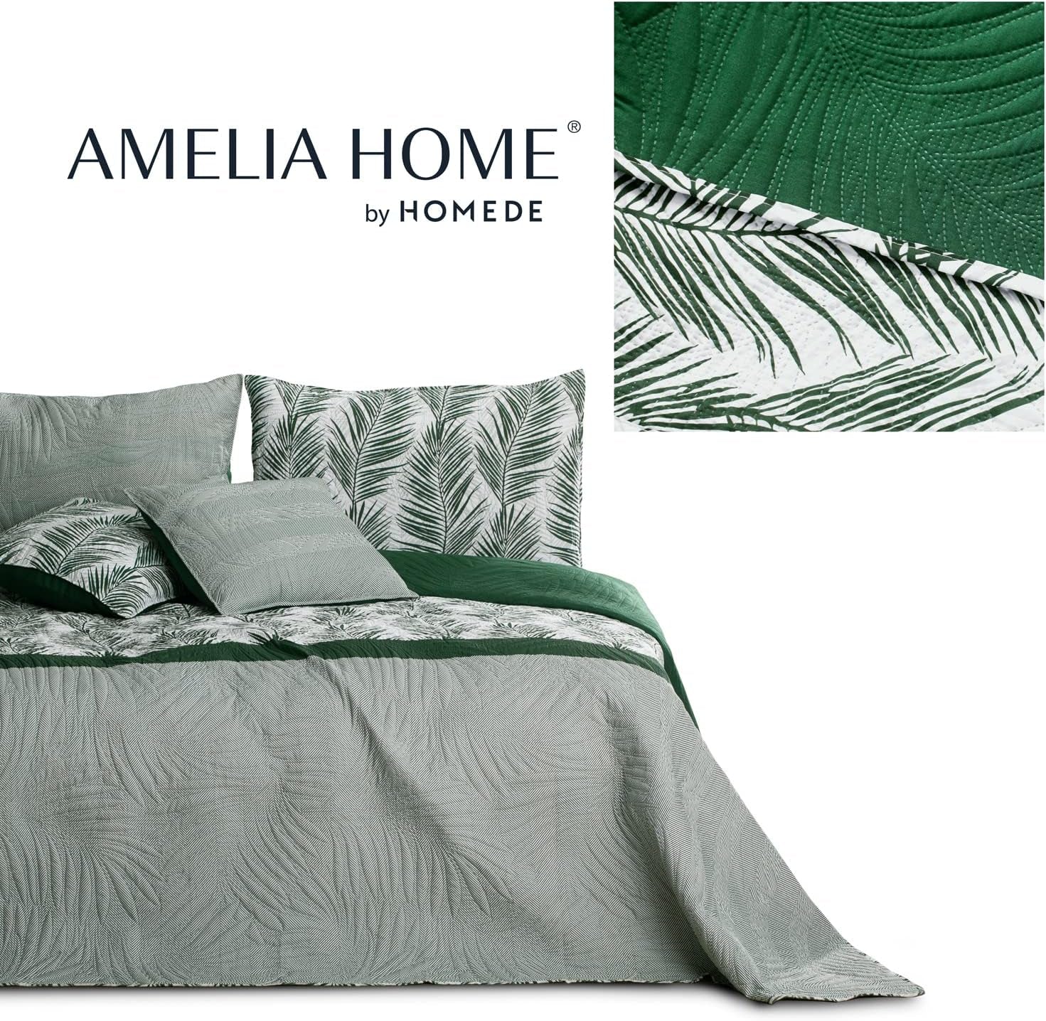 Ameliahome Sengetæppe Sengetæppe 170X210 Cm Dobbeltsidet Letpleje Sengetæppe Plantemønster Grøn Hvid Tropisk Bonaire Senge og Tæpper Besuche den AmeliaHome-Store