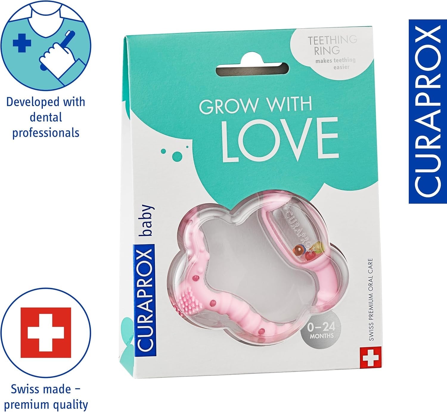 Inel de dentiție Curaprox pentru bebeluși - Pentru copii mici 0-24 luni/Ameliorează durerea de dinți și promovează abilitățile motorii | Fără BPA, Roz, cu periuță de dinți de antrenament/Fabricat în Elveția