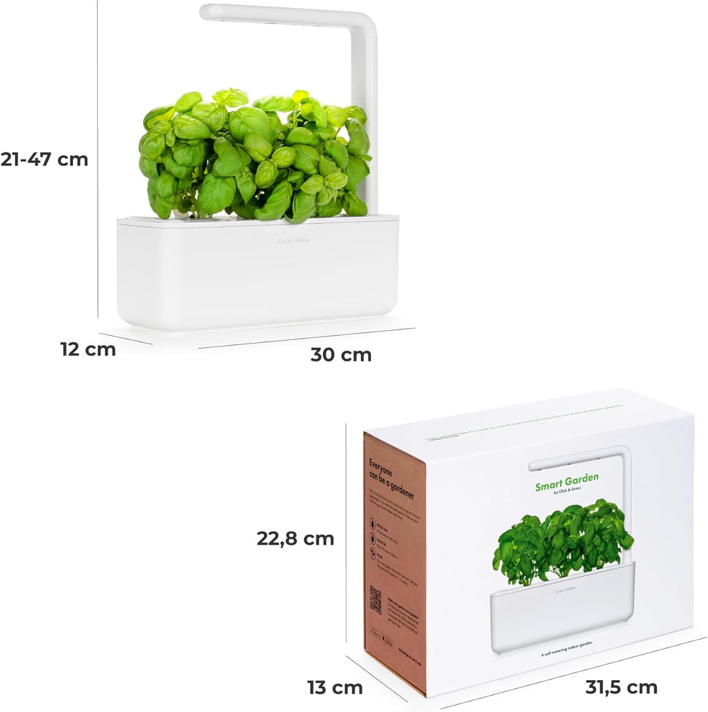 Click and Grow Growbox, Smart Garden, lettere end hydroponisk dyrkningssystem, indendørs have, urtehave, indendørs drivhus med 3 plantekapsler inkluderet, hvid