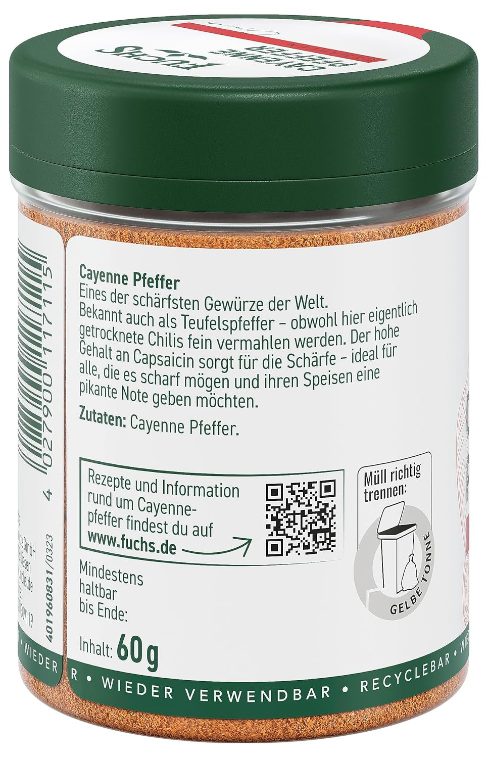 Fuchs Gewürze - Cayennepeber gemahlen - for einen scharfen Geschmack i alle slags retter - naturlige ingredienser - 60 g i wiederverwendbarer, genbrugsbarer Dosis