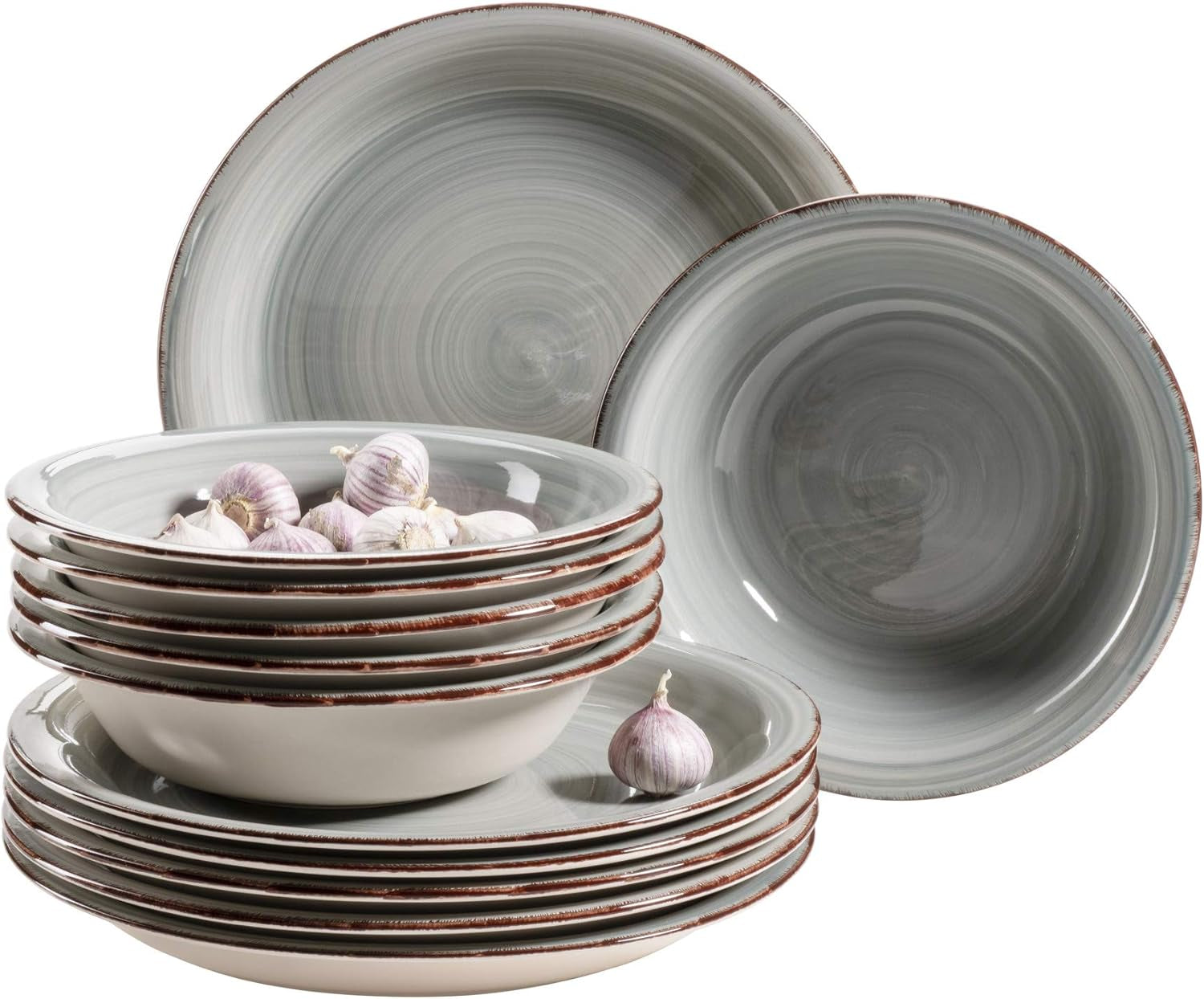 Set de veselă MÄSER pentru 6 persoane, aspect vintage modern, serviciu de masă cu 12 piese, pictat manual, albastru, gresie, albastru fumuriu (Bel Tempo II)