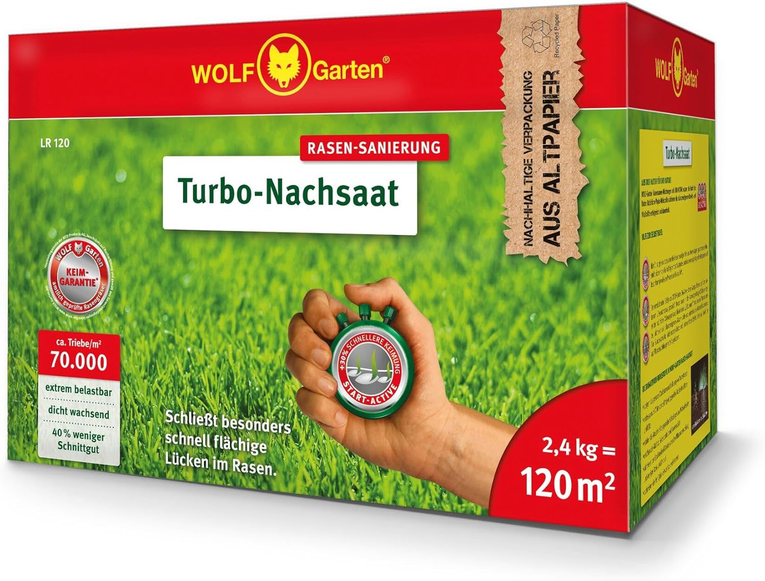 Wolf-Garten Turbo-Nachsaat Zur Rasensanierung LR50 (Für 50 M2, Hohe Dichte Mit Ca. 70.000 Trieben/M2, Für Alle Rasentypen Geeignet, Mit Wolf-Garten Keimgarantie, Im 1Kg Karton) 3826031