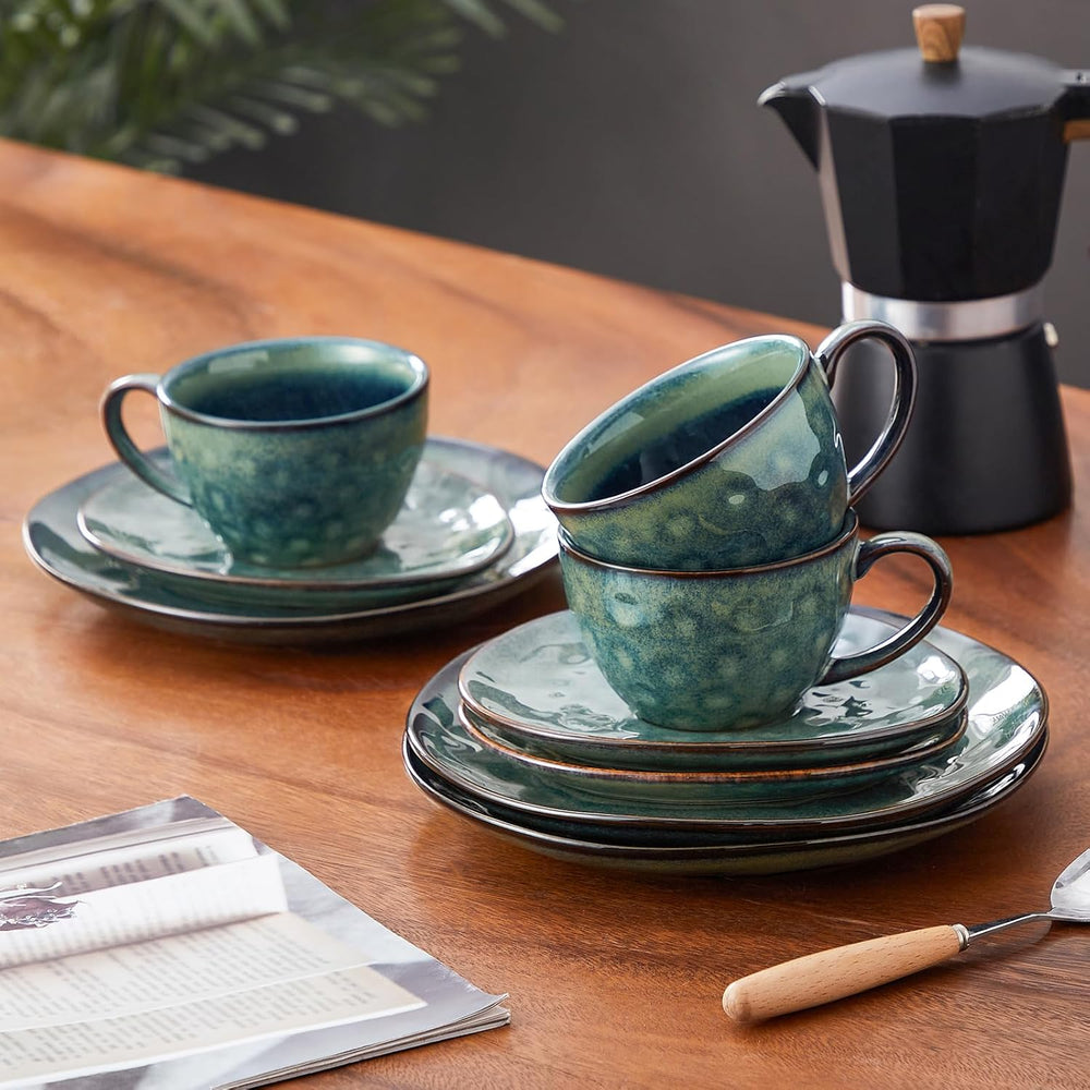 Serviciu de cafea Vancasso din gresie, set de cafea STARRY cu 12 piese pentru 4 persoane, include cești de cafea și farfurioare, aspect vintage