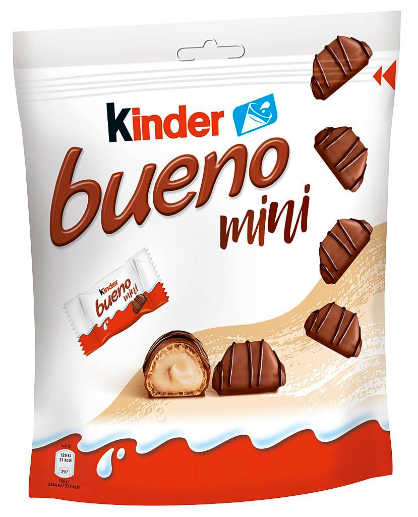 Kinder Bueno Mini - Crunchy Wafer chokoladebarer, mælkecreme og hasselnødder og fin mælkechokolade - Karnevalsgodbidder - 1 pose mini individuelt indpakkede stænger (1 x 108 g)
