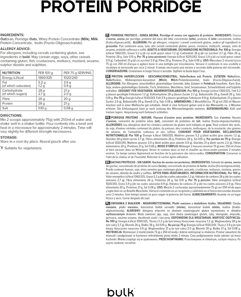 Komplet proteinhavregryn, bulk, havregryn med højt proteinindhold, valle, fiberrigt, proteingrød, uden smag, 1 kg