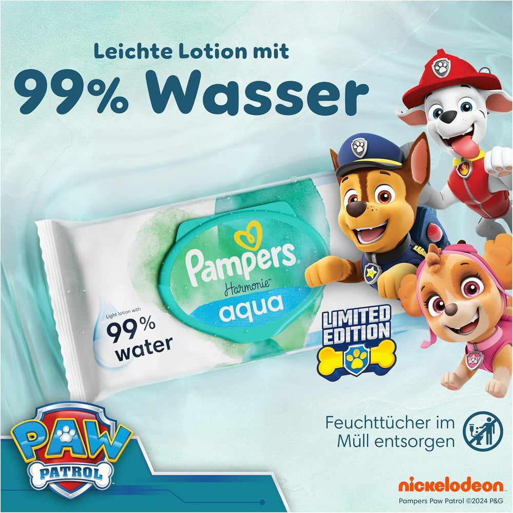 Pampers Harmony Aqua Babyservietter Paw Patrol 15 Pakke med 48 Servietter 720 Babyservietter hjælper med at genoprette hudens naturlige pH-balance Light Lotion 99% Vand