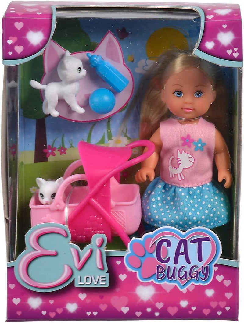 Simba 105733348 - Cărucior Evi Love Cat, cu două pisici în cărucior, geantă detașabilă, accesorii, păpușă de îmbrăcat, 12 cm, pentru copii cu vârsta de 3 ani și peste