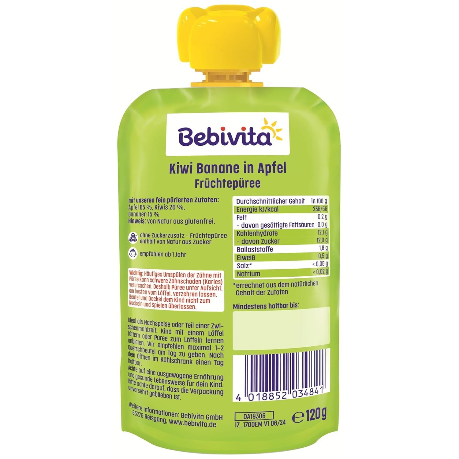 Kiwi-bananer i æble-quetschie (6 x 120 g), ohne Zuckerzusatz, glutenfrei, ideel til unterwegs og selvstændige snacks