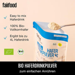 fairfood Bio Haferdrink Pulver 360g - nachhaltige Milchalternative - vegansk, glutenfri og ohne Öl - bis zu 4L Haferdrink - zum Selbermischen - 100% Bio-Vollkornhafer