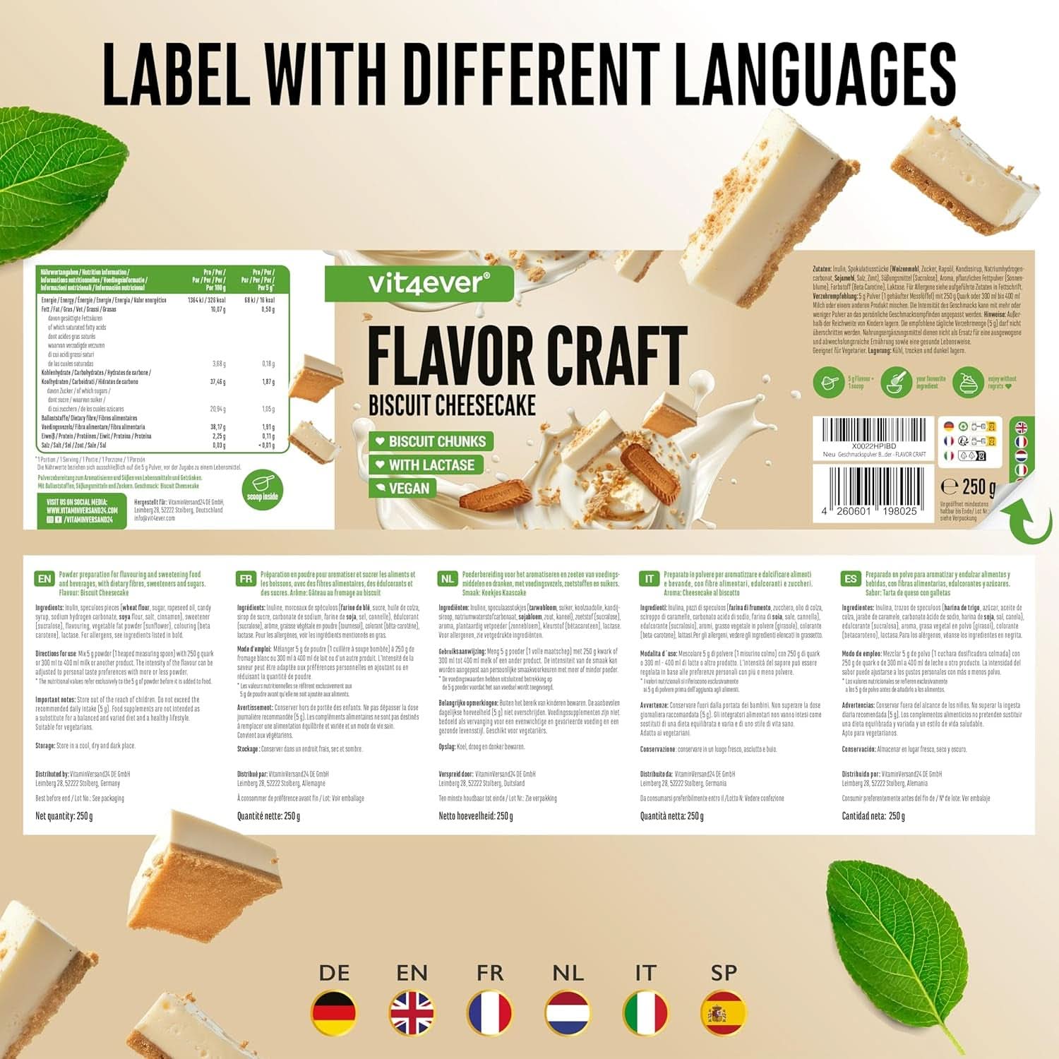 Biscuit Chessekage smagspulver med masser af stykker - 250 gram Naty Shop Flavours