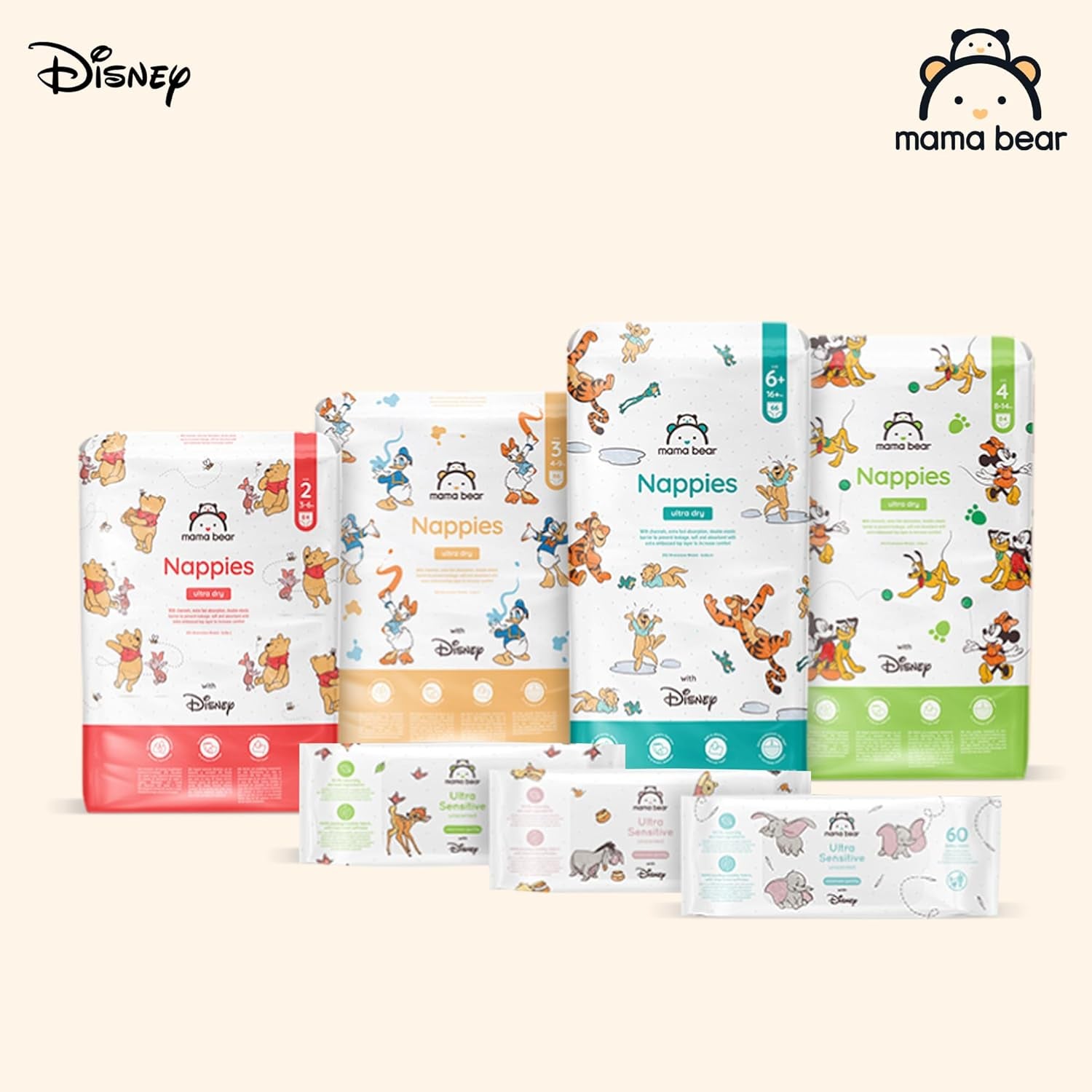 Amazon-mærke: Mama Bear Disney Ultra Dry Bleer, Størrelse 3 (4-9 kg) - Månedlig æske, hvid, 172 Antal (2 pakker af 86)