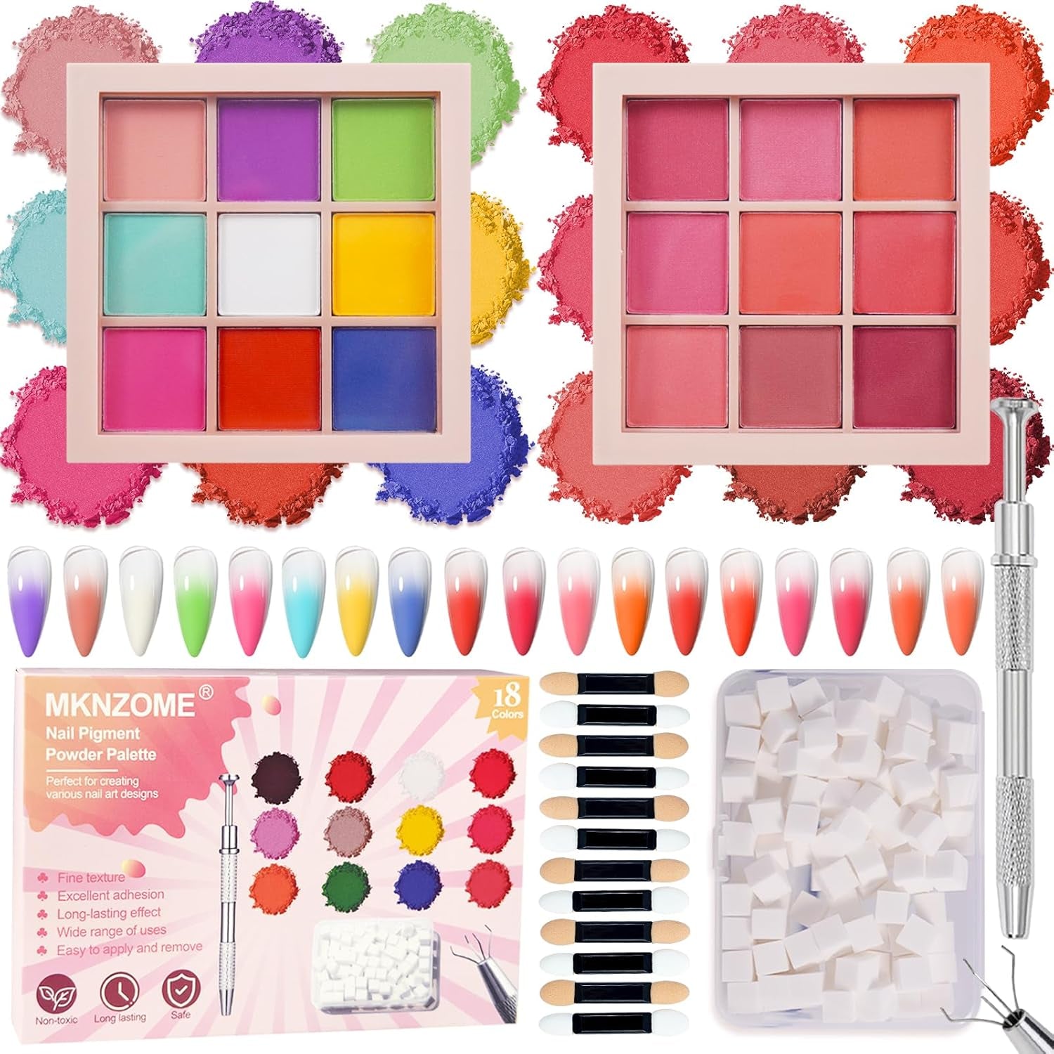 9 Farben Pigment Für Nägel, Nagelpulver Nail Powder 100 Stück Nail Art Schwamm Mit Metallgreifer, Ombre Glitzerpulver Nagelpuder Nailart Nagel Deko Für DIY Nageldesign, B