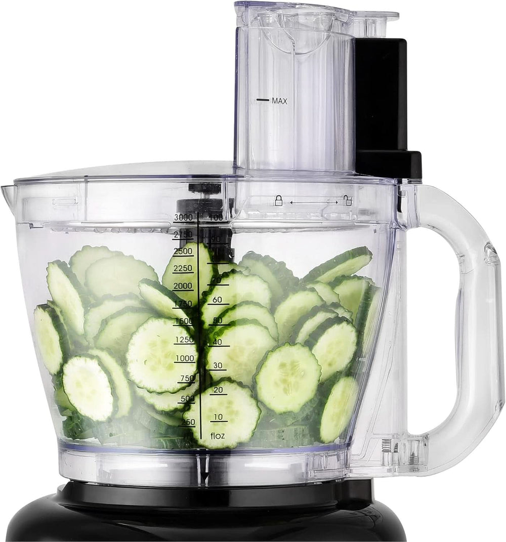 Kom nu! 8-I-1 Küchenmaschine, 3-L-Schüssel, 1,75-L-Mixbehälter, 2 Geschwindigkeitsstufen, Turbo-Funktion, 1000 W, Schwarz/ Silberfarben, VG HA 3001 Mor og barn Naty Shop