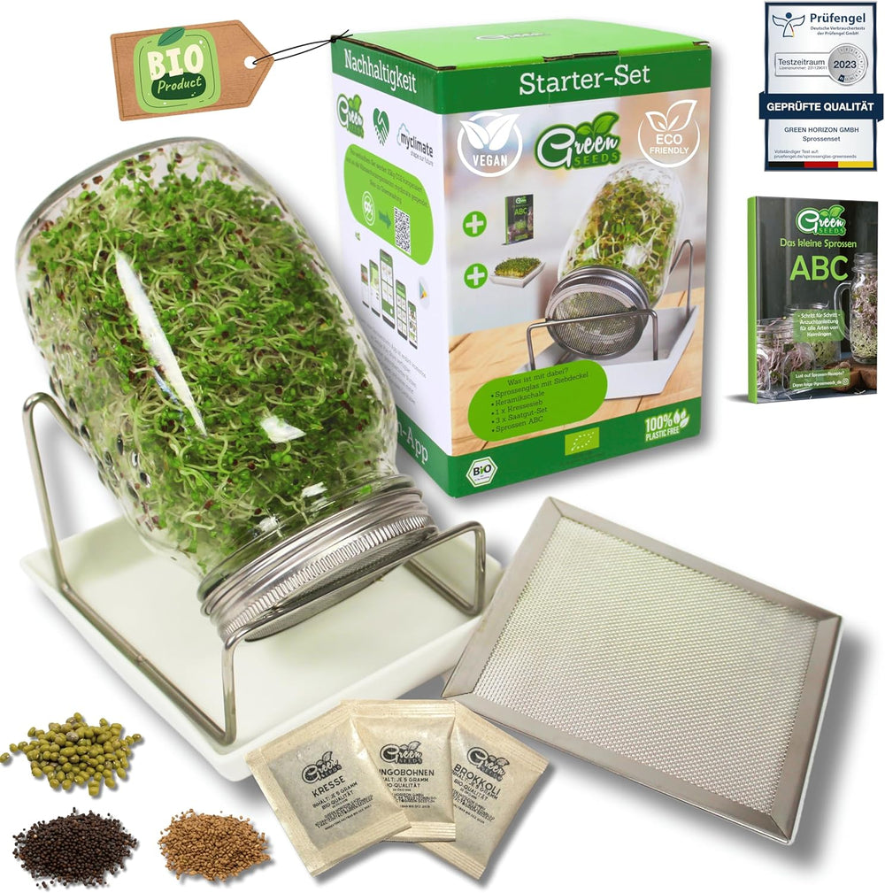 [Originalt startsæt med spirekrukke + karsefilter | 1000 ml med højkvalitets rustfrit stål Mesh Cover Stand Keramisk bakke + ABC til spiring [Printversion] Frøplantebakke med spiringskrukke