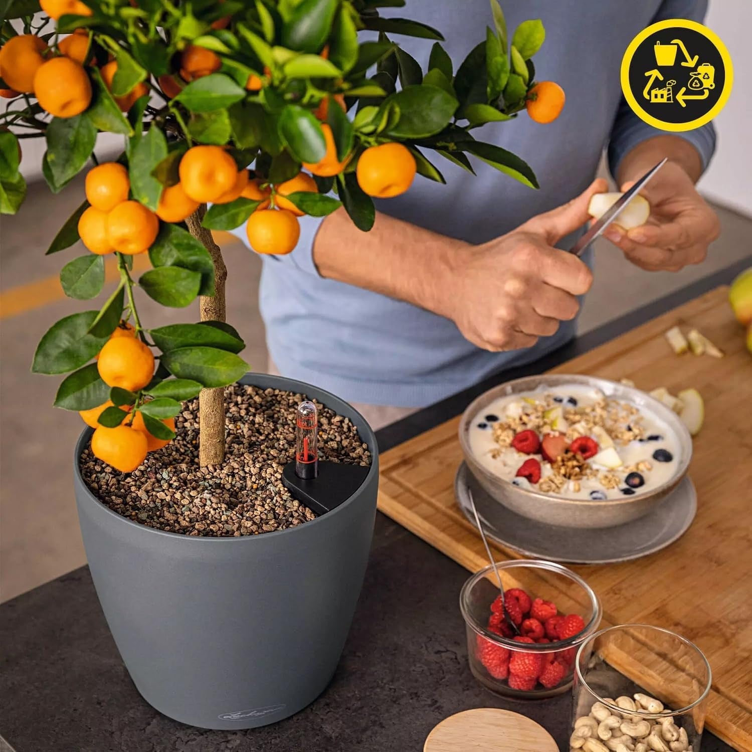 Jardinieră LECHUZA Classico Color ECO 35 Gri Închis | Jardinieră cu sistem de udare și indicator al nivelului apei | Fabricată din plastic 100% reciclat | Finisaj mat | Ø 34,5 x 32,5 cm | 18935