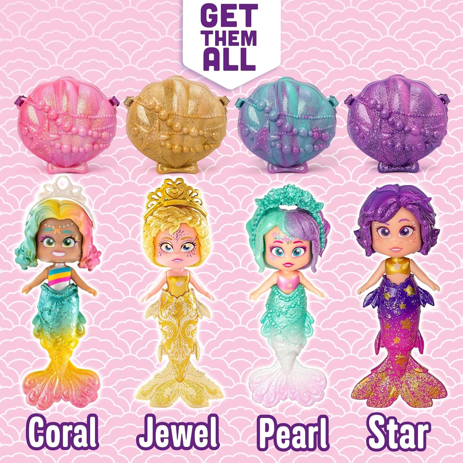 Mermaids Coral Meerjungfrauen-Puppe med 1 Muscheltasche, 1 Meerjungfrauenschwanz, 1 Haustier, Kleidung, Accessories og Schuhe