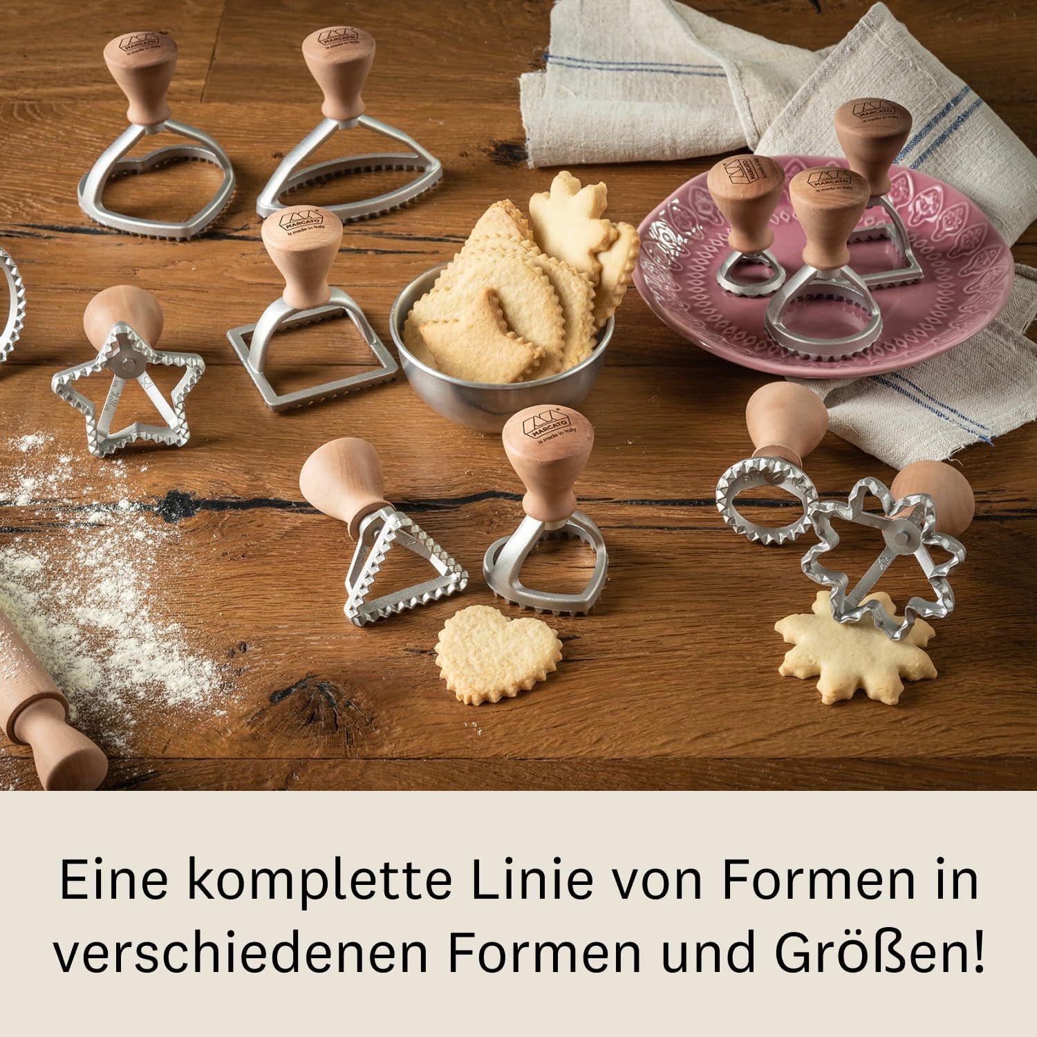 Formatoare de ravioli și fursecuri Marcato, aparat de ravioli, forme de fursecuri, lemn masiv și aluminiu turnat, fabricate în Italia, ștampilă rotundă de 80 mm