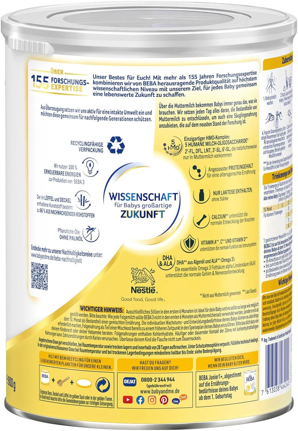 Nestlé BEBA 3 tilskudsmælkpulver, tilskudsblanding fra 10 måneder, pakke med 3 (3 X 800G) Mor og barn Naty Shop