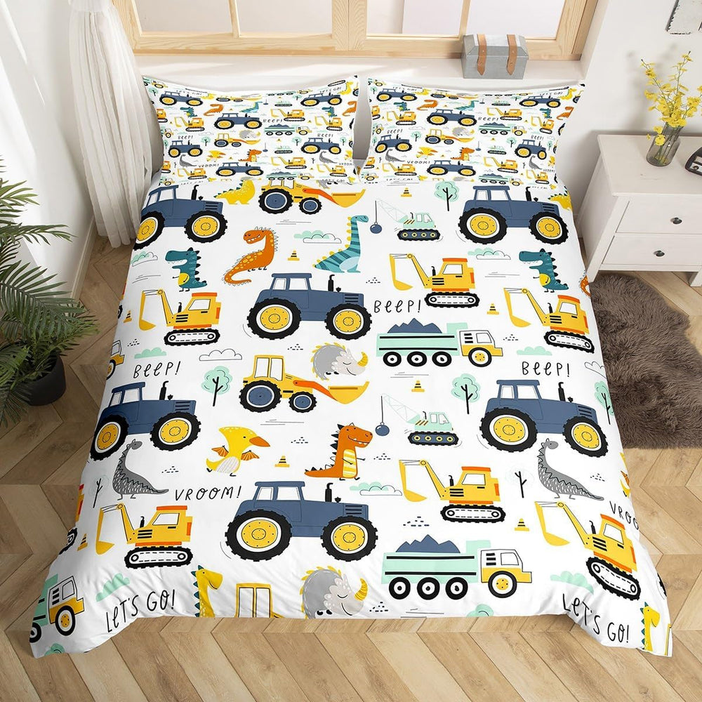 Jungen Cartoon Car Sengetøj Sæt 135X200,Kinder Bau Fahrzeuge Tröster Abdeckung Für Kind Kleinkind Teens,Dinosaurier Bettbezug,Traktor Maschinerie Bagger Bettdecke Abdeckung,Lkw Autos Bettdecke Naty Shop